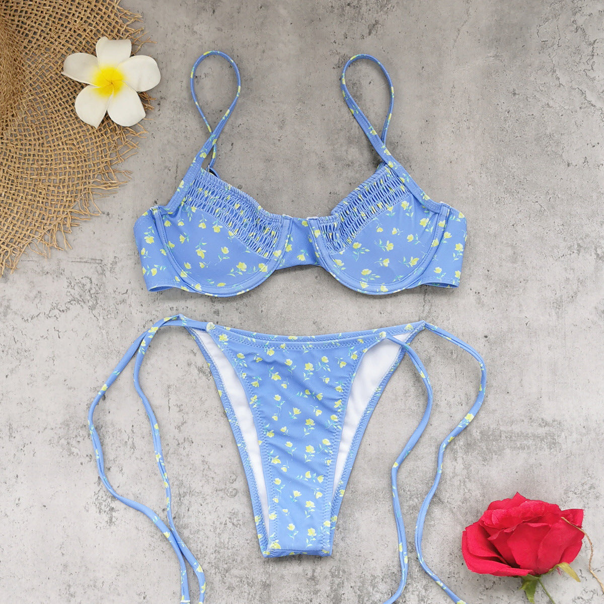 Smocking Tube Top Push up Bikini Low Waist Strap Small Fresh Printed Split Swimsuit Women Bikini