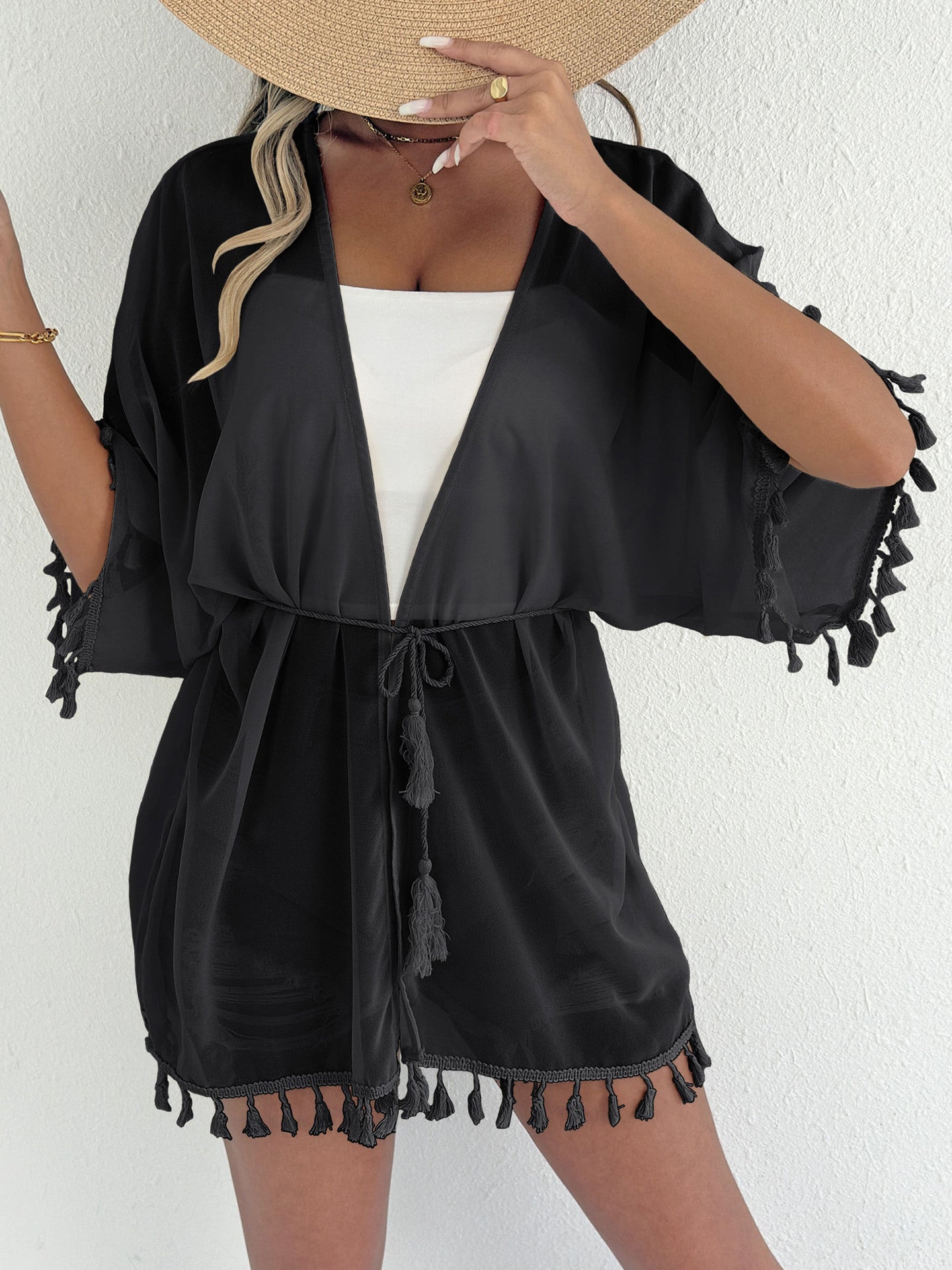 Women Chiffon Shirt Solid Color Tassel Stitching Casual Beach Bikini Sunscreen Outwear Blouse