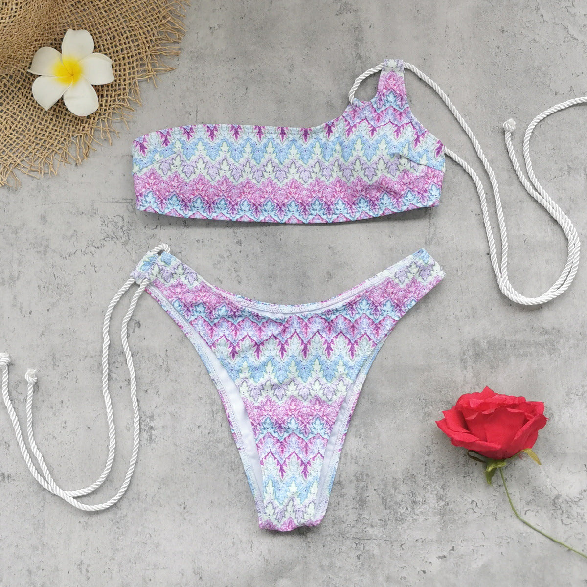 Women One Shoulder Lace up Tube Top Striped Printed Split Swimsuit Bikini Mesh Skirt Three Piece Sets