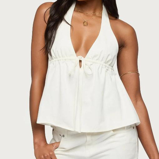 Women Clothing Sexy Dark Halter Lace up Deep V Plunge Denim Top Vest