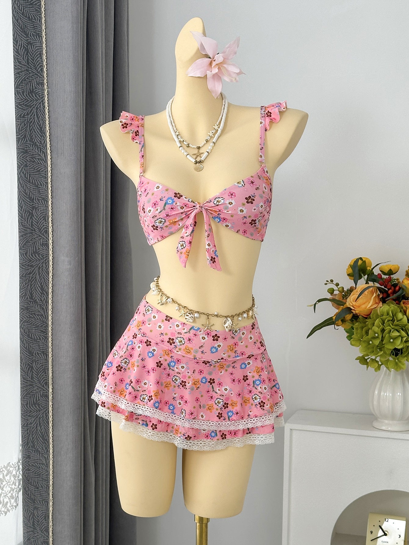 Floral Flounce Sling Small Fresh Split Swimwear Swimsuit Bikini Beach Vacation