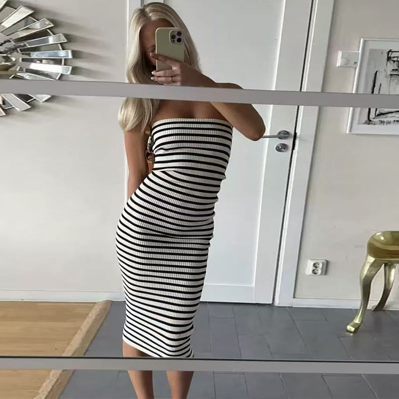 Retro Contrast Color Striped Hollow Out Cutout out Texture Tube Top Knitted Dress Women Summer Beach Slim Fit Hip Dress