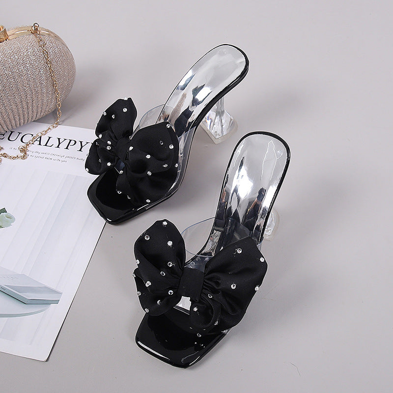 Summer Fairy Transparent Ankle Strap Sexy Open Toe Stiletto Heel Slippers Rhinestone Outdoor Cocktail Wine Glass Heel