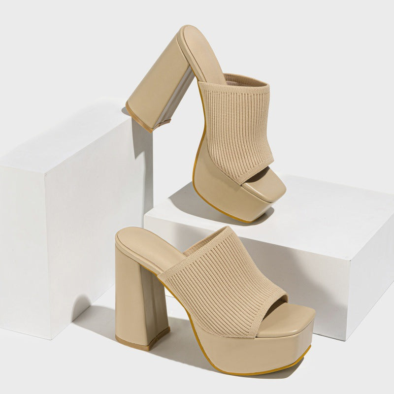 Summer Women Knitted Fashionable Chunky Heel Waterproof Platform Outdoor Street Catwalk Show Peep Toe Slippers