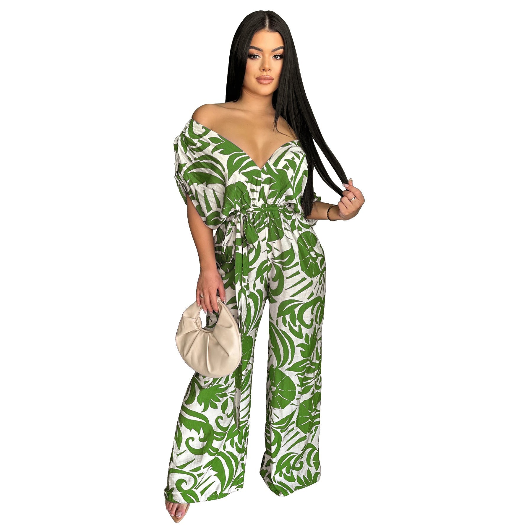 Women Clothing off the Shoulder Batwing Sleeve Wide Leg Printed Jumpsuit
