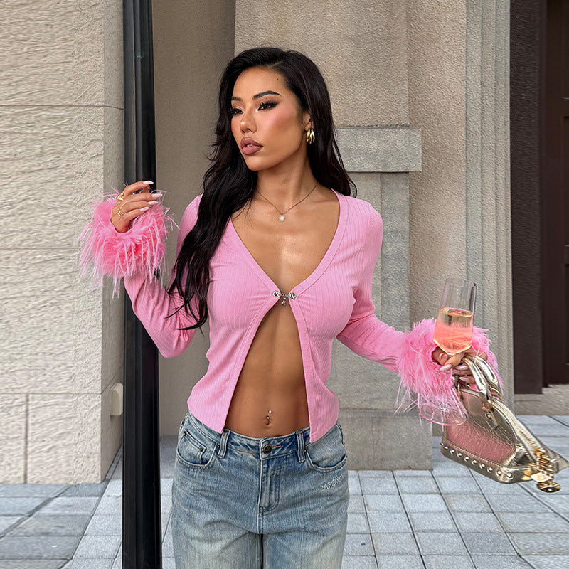 Sexy Deep V Plunge neck Long Sleeve Ostrich Feather Pink Cardigan Autumn Sexy All Match Top