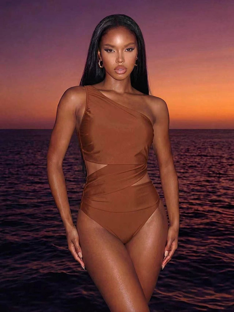 Solid Color One Shoulder Sexy Swimsuit Women Beach Spring Bikini Swimsuit