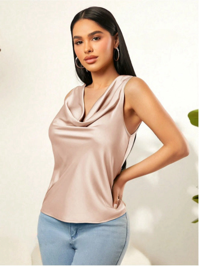 Summer Satin Pile Collar Solid Color Sleeveless Vest Women Sleeveless Blouse