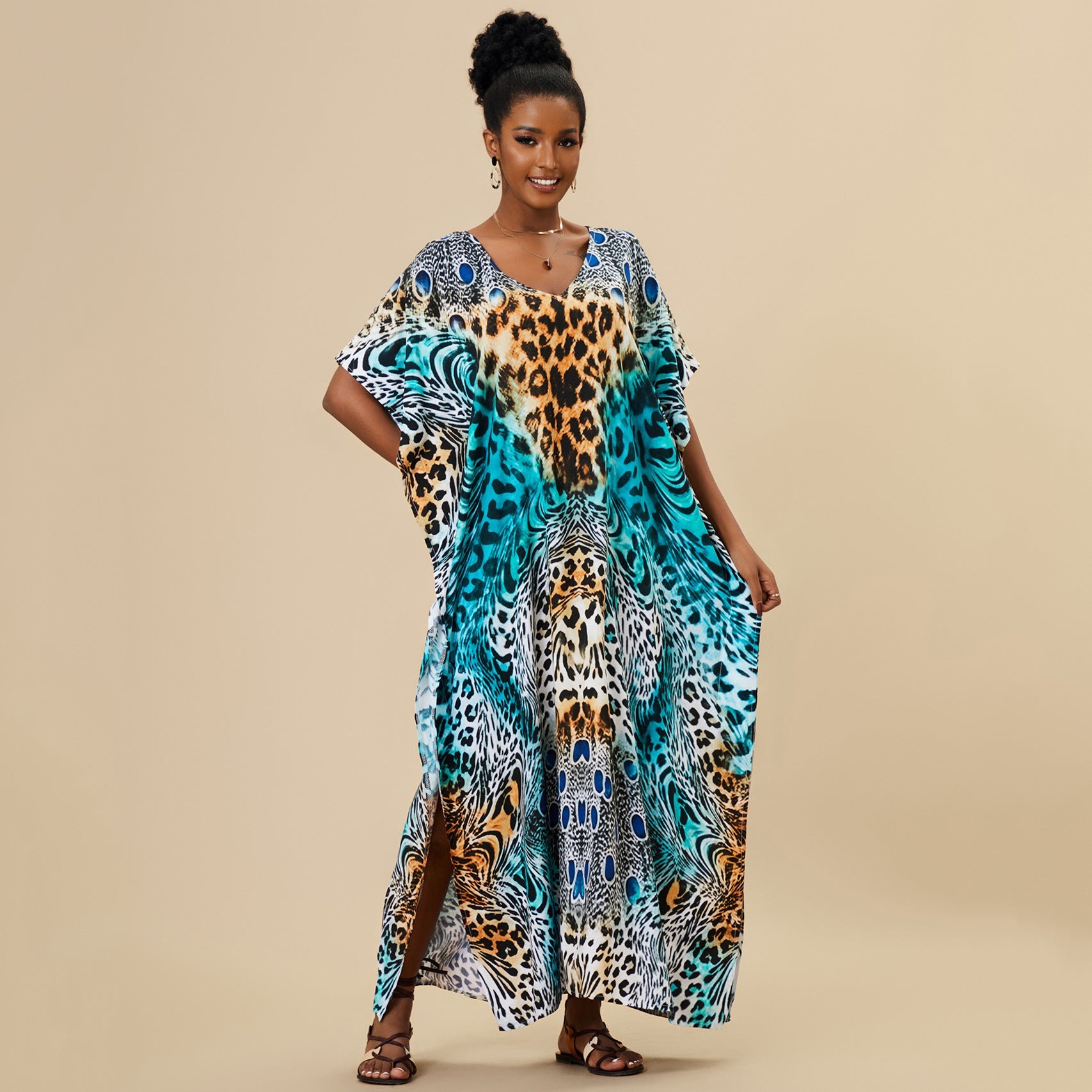 Loose Long Beach Cover Up Rayon Positioning Print Holiday Robe Dress Women
