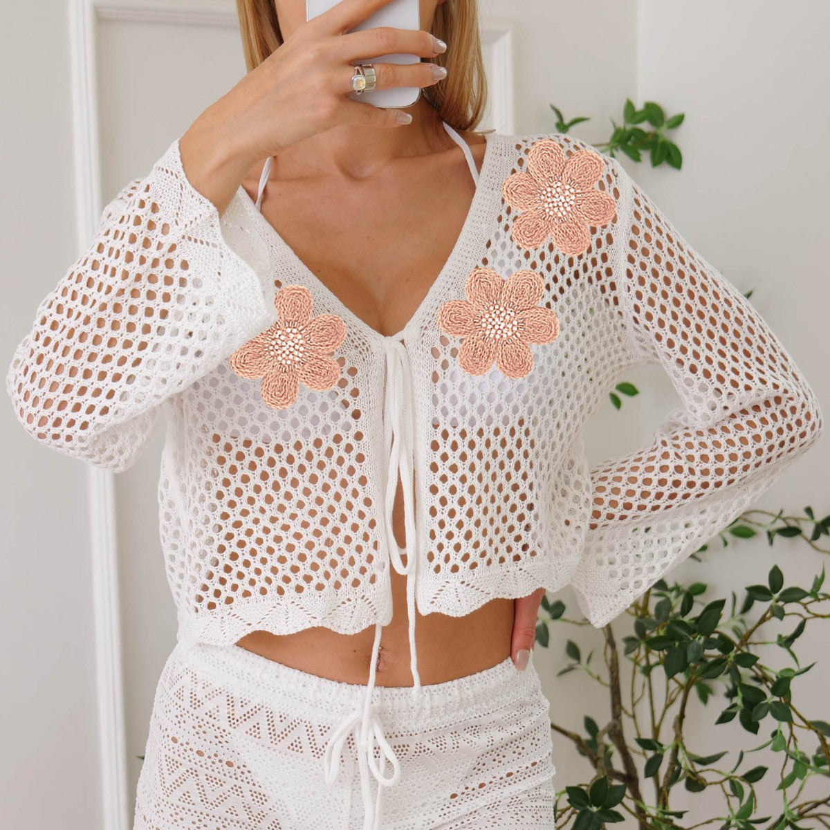 Women Lace up Cardigan Women Hollow Out Cutout out Woven Embroidered Floral Stitching Beach Sun Protection Long Sleeved Blouse Casual Coat