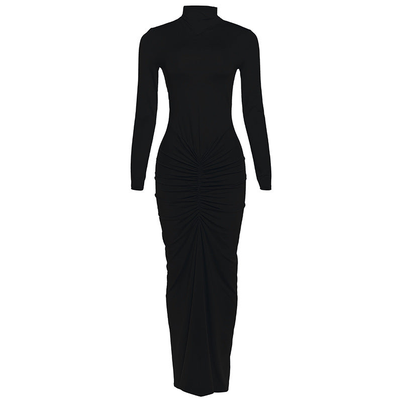 Women Clothing Autumn Solid Color Elegant Slim Slimming Pleated Turtleneck Long Sleeve Dress