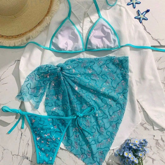 Summer Women Blue Sequined Spaghetti Strap Halter Holiday Sexy Beach Three Piece Bikini Swimsuit