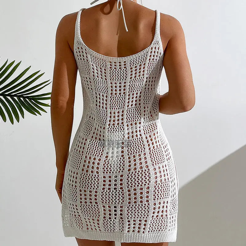 Vacation Women Clothing Short Chic round Neck Plaid Texture Hollow Out Cutout out See through Camisole Sexy Short Dress Crochet hook