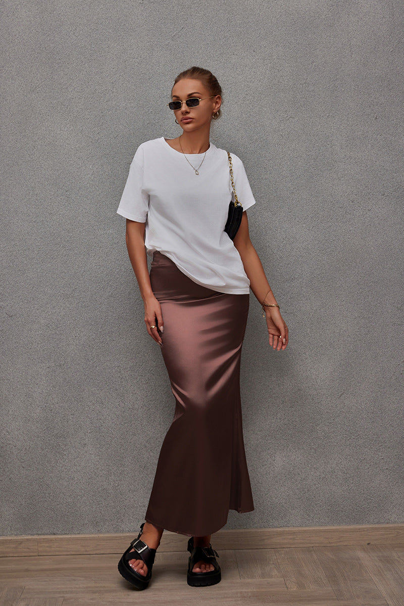 Spring Summer Artificial Silk Skirt Satin Skirt Women Casual Satin Hip Skirt