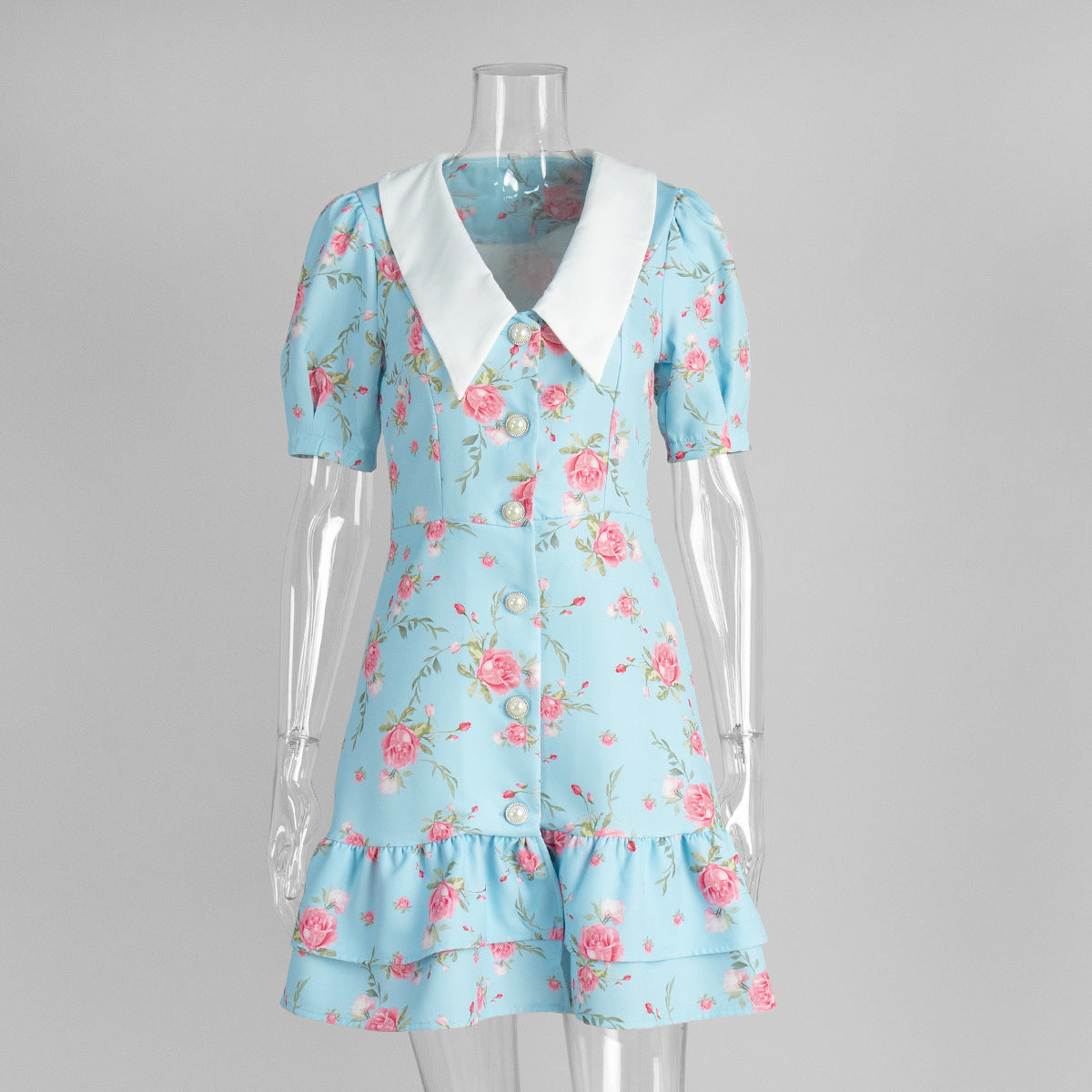 French V neck Puff Sleeve Dress Summer Waist Trimming Printing Short Dress Ruffled Dress