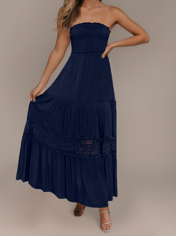 Solid Color Tube Top Hem Long Sleeveless Retro Bohemian Waist Tight Dress