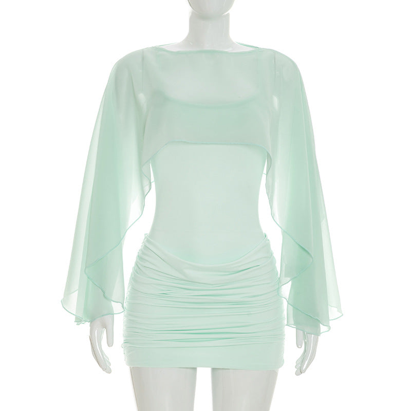 Women Clothing Summer Solid Color Casual Long Sleeves Shawl Straps Tulle Mini Short Dress