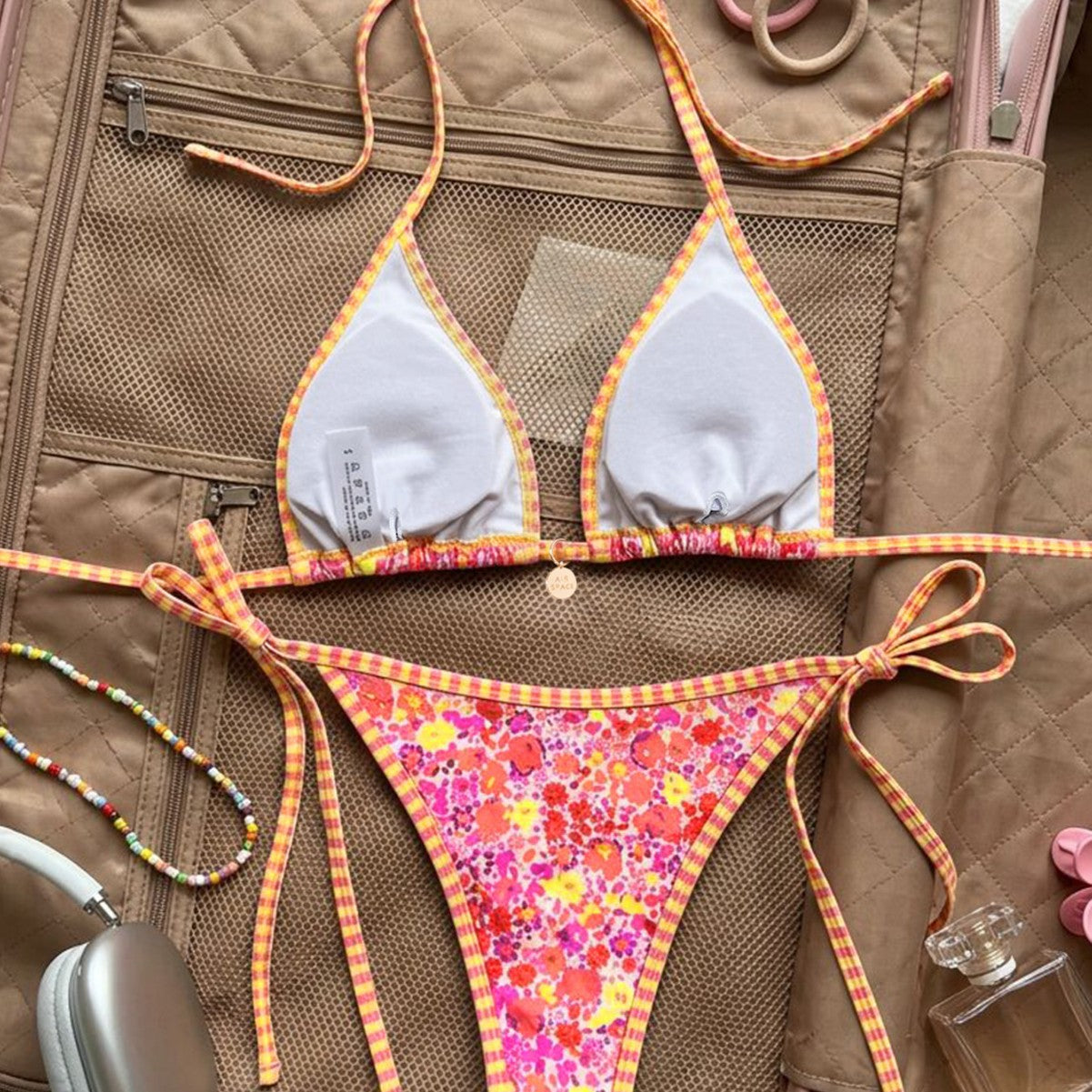 Printed Triangle Strap Small Embellished Sexy Split Bikini Swimsuit for Women