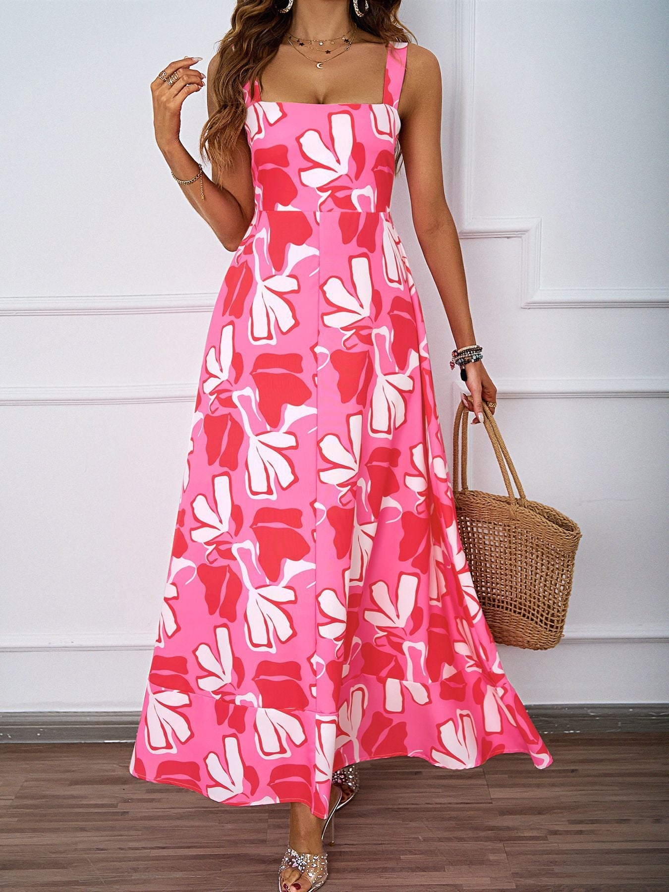 Women Clothing Summer Casual Strap Elegant A line Dress Floral Printed Dress