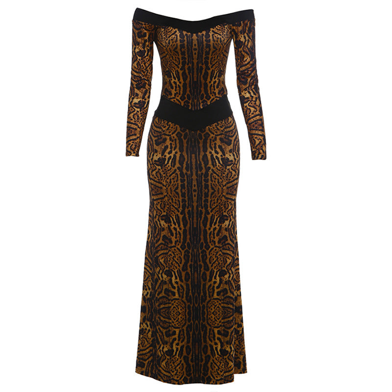 Fall Women Clothing Sexy off the Shoulder Hollow Out Cutout Backless Leopard Print Slim Fit Long Sleeved Dress