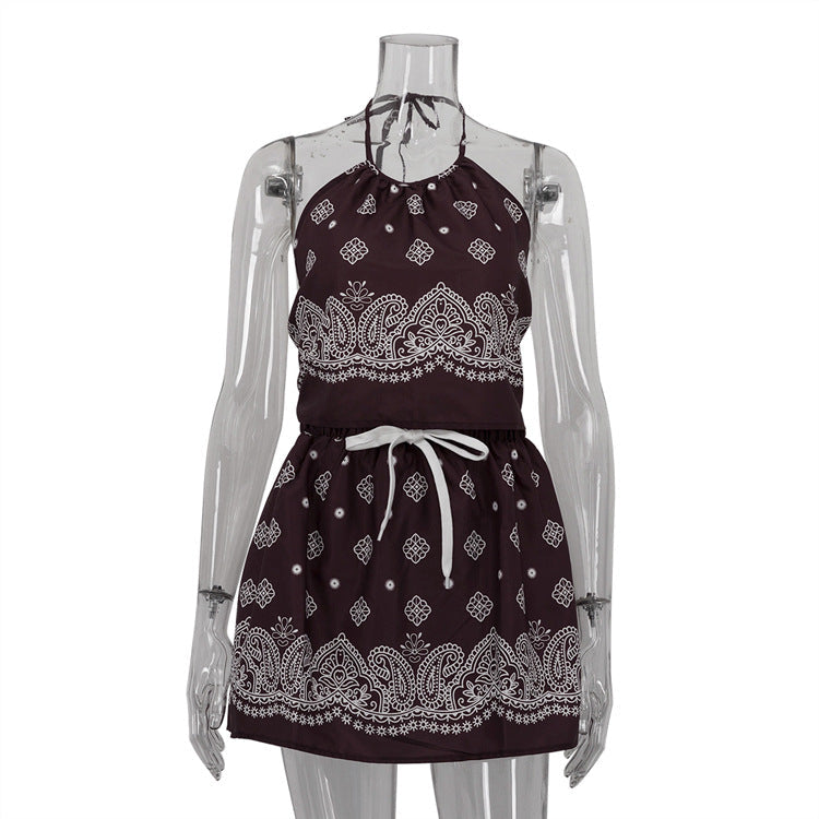 Digital Vintage Print Sexy Women Lace up Halterneck Backless Top High Waist Short Skirt Two Piece Sets