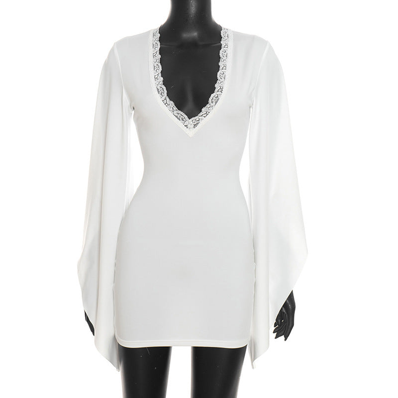 Women Clothing Autumn Solid Color Casual Lace Flared Long Sleeve Bodycon Dress