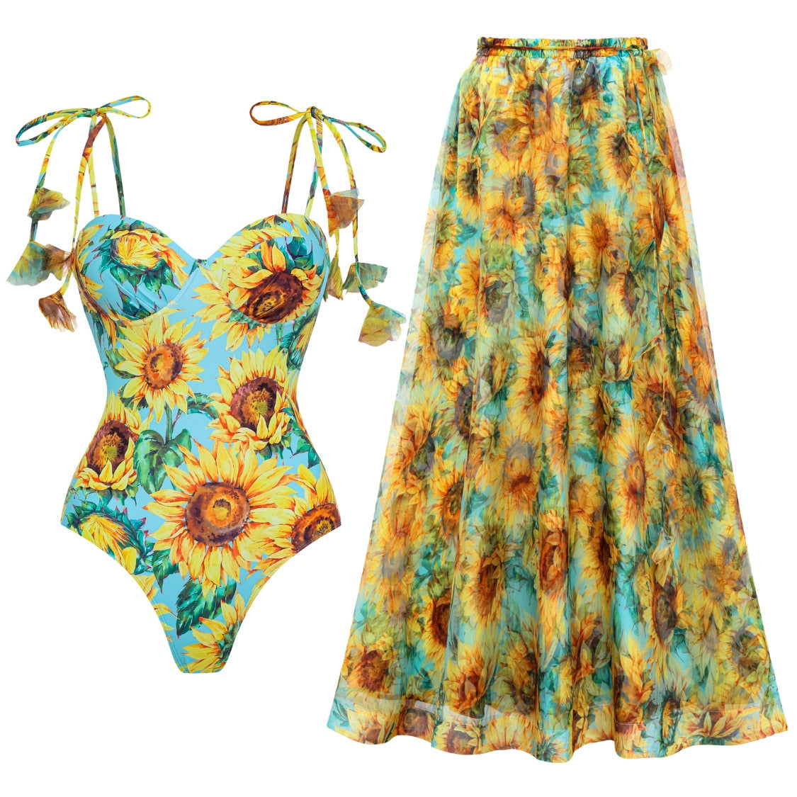 Women Swimsuit Sunflower Printed One Piece Swimsuit Set