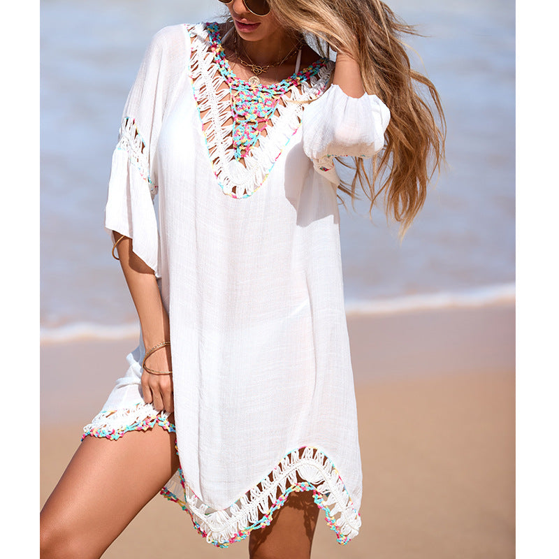 Holiday Color V neck Hollow Out Cutout Hand Crocheting Stitching Irregular Asymmetric Dress Long Sleeve Backless Lace up Blouse Women