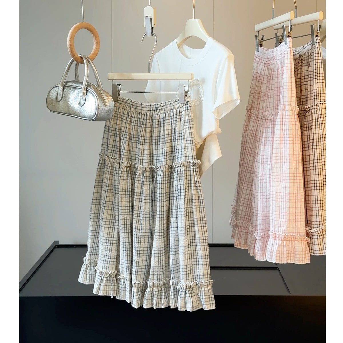 Ruffled Bubble Cotton Plaid Skirt Women Summer High Waist Slimming A Line Mid Length Skirt