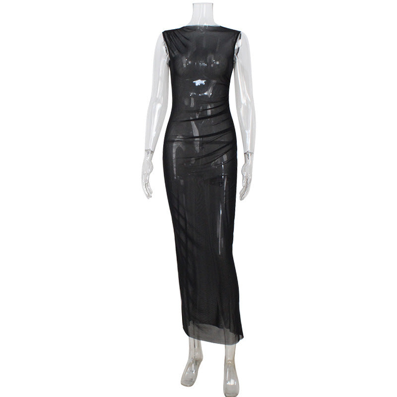Elegant Women Clothing Mesh See through Sleeveless Slim Fit Sexy Dress Overskirt Long Blouse for Women