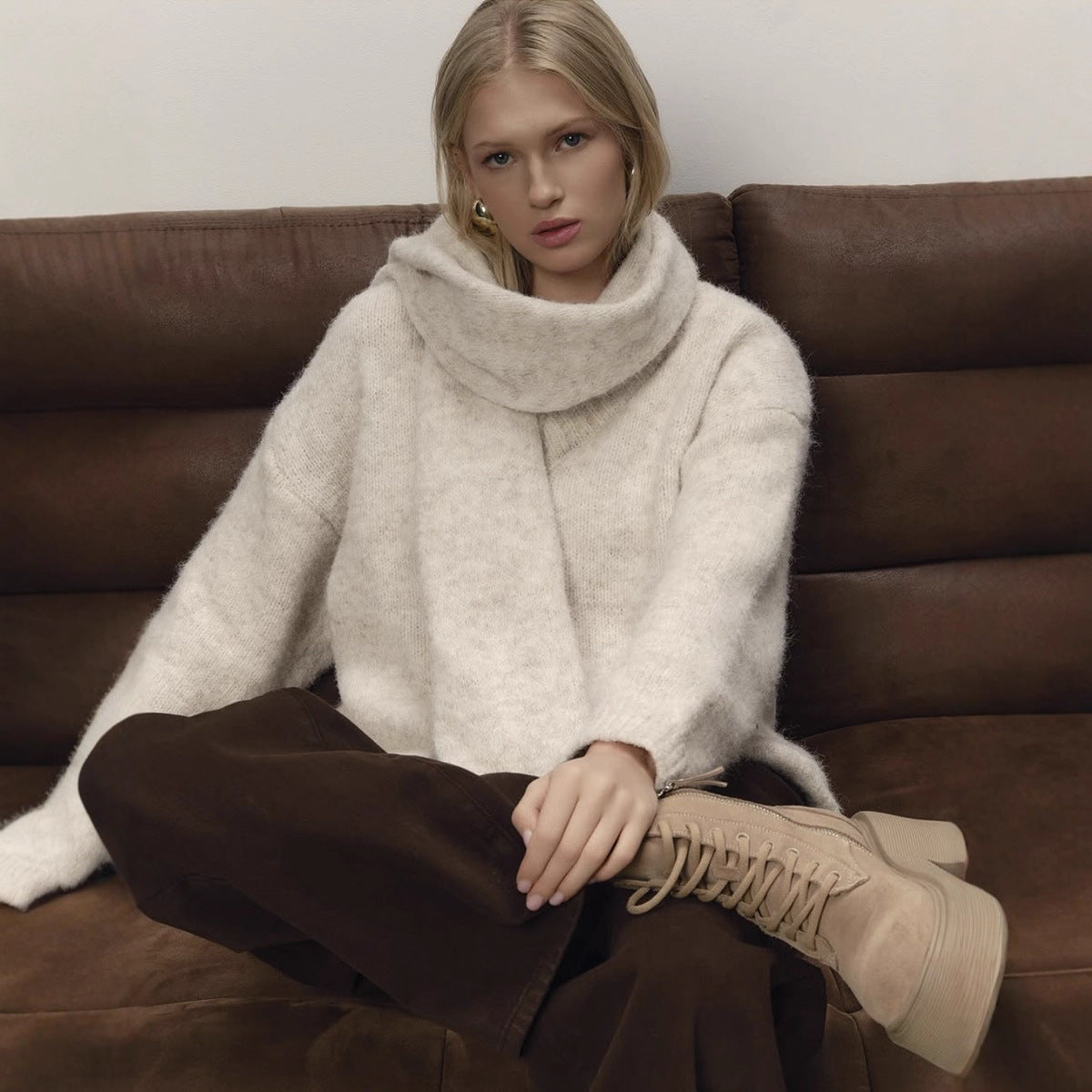 Loose Lazy Soft Wool Sweater Women Autumn Winter Pullover Loose Sweater Scarf Set