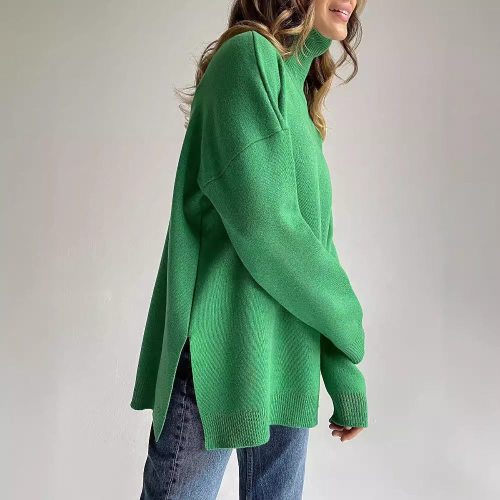 Turtleneck Sweater Women Autumn Winter Casual Sweater Slit Loose Solid Color Knitted Sweater