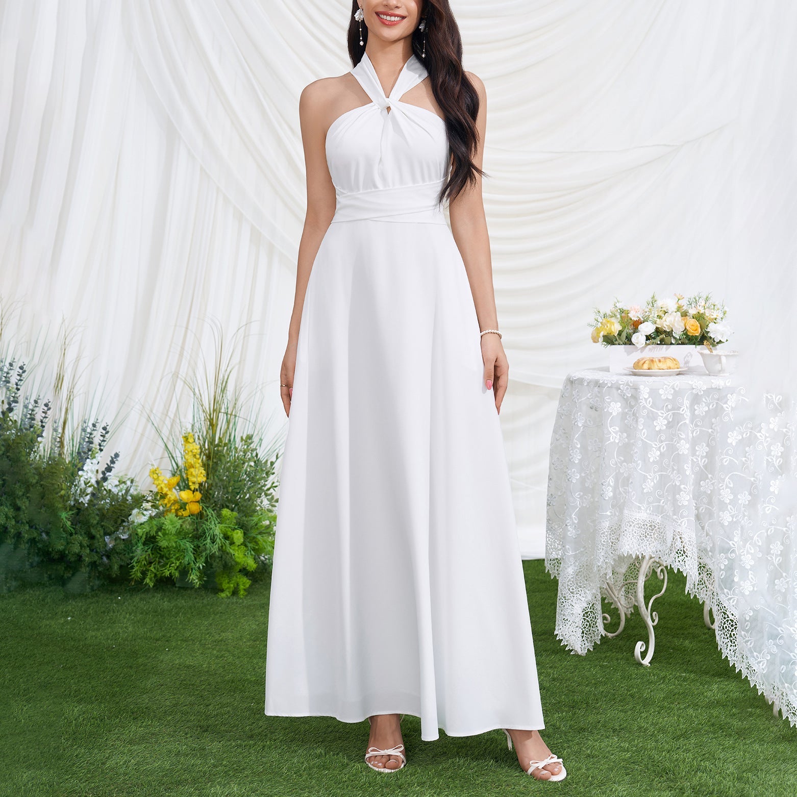 Summer Vacation Cross Tied Dress Sexy Socialite Special V neck Backless Waist Trimming Maxi Dress