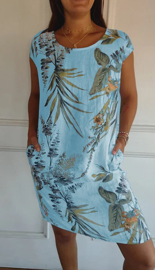 Women Clothing Summer Cotton Linen round Neck Printed with Pocket