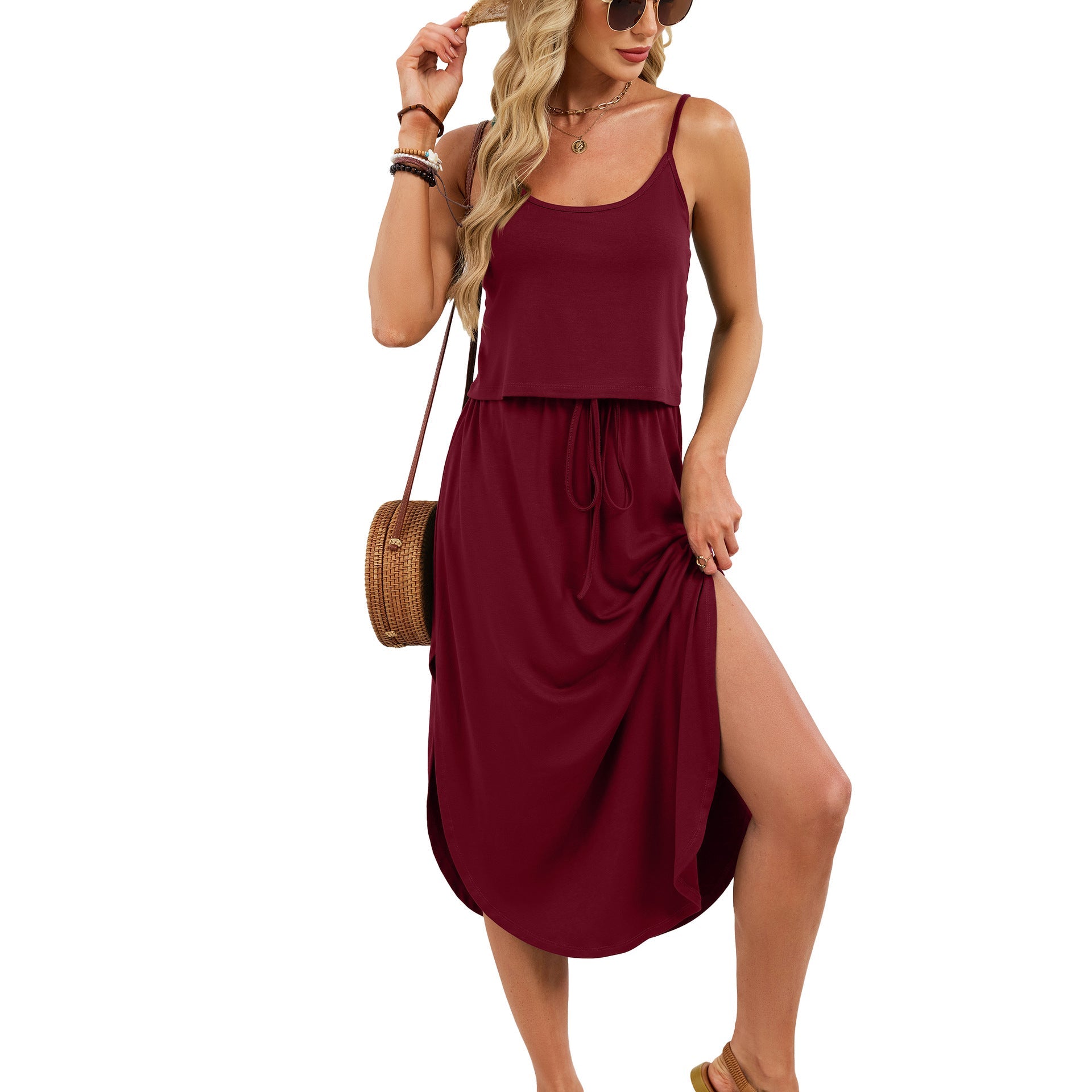 Spring Summer Solid Color U Neck Camisole Drawstring Split Dress