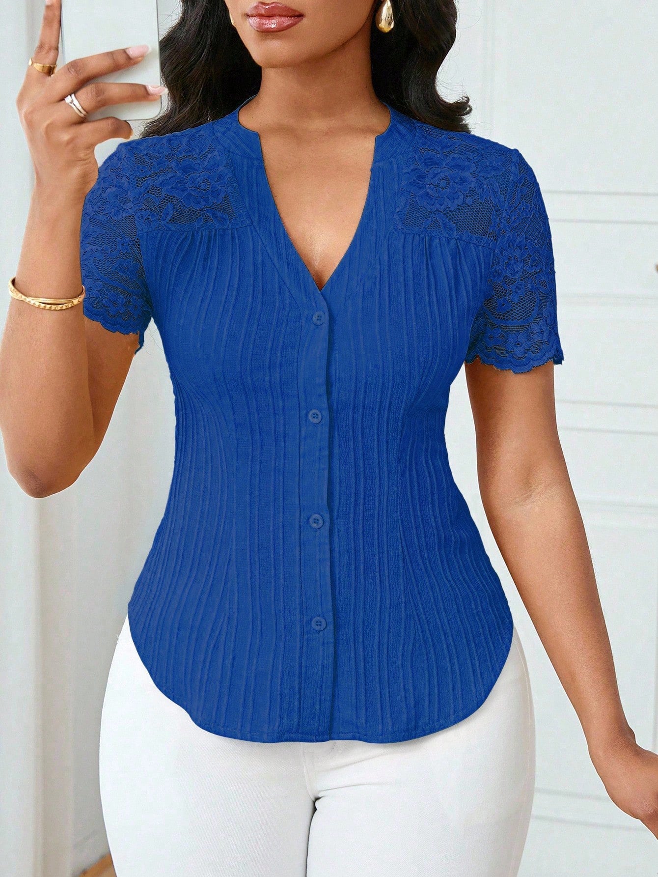 All Match Single Breasted Solid Color Slim Fit Embroidery Hollow Out Cutout Short Sleeve Top