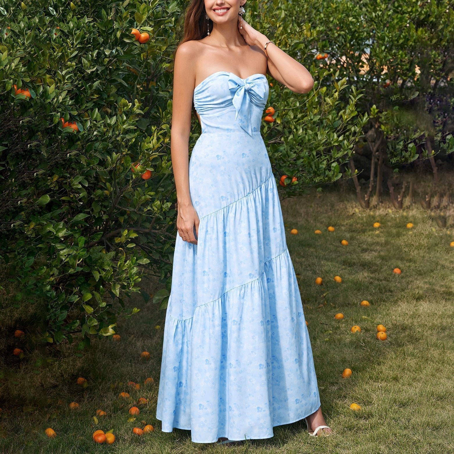 Tube Top Bow Bandage Dress Sexy Backless Pleated Print Maxi Dress