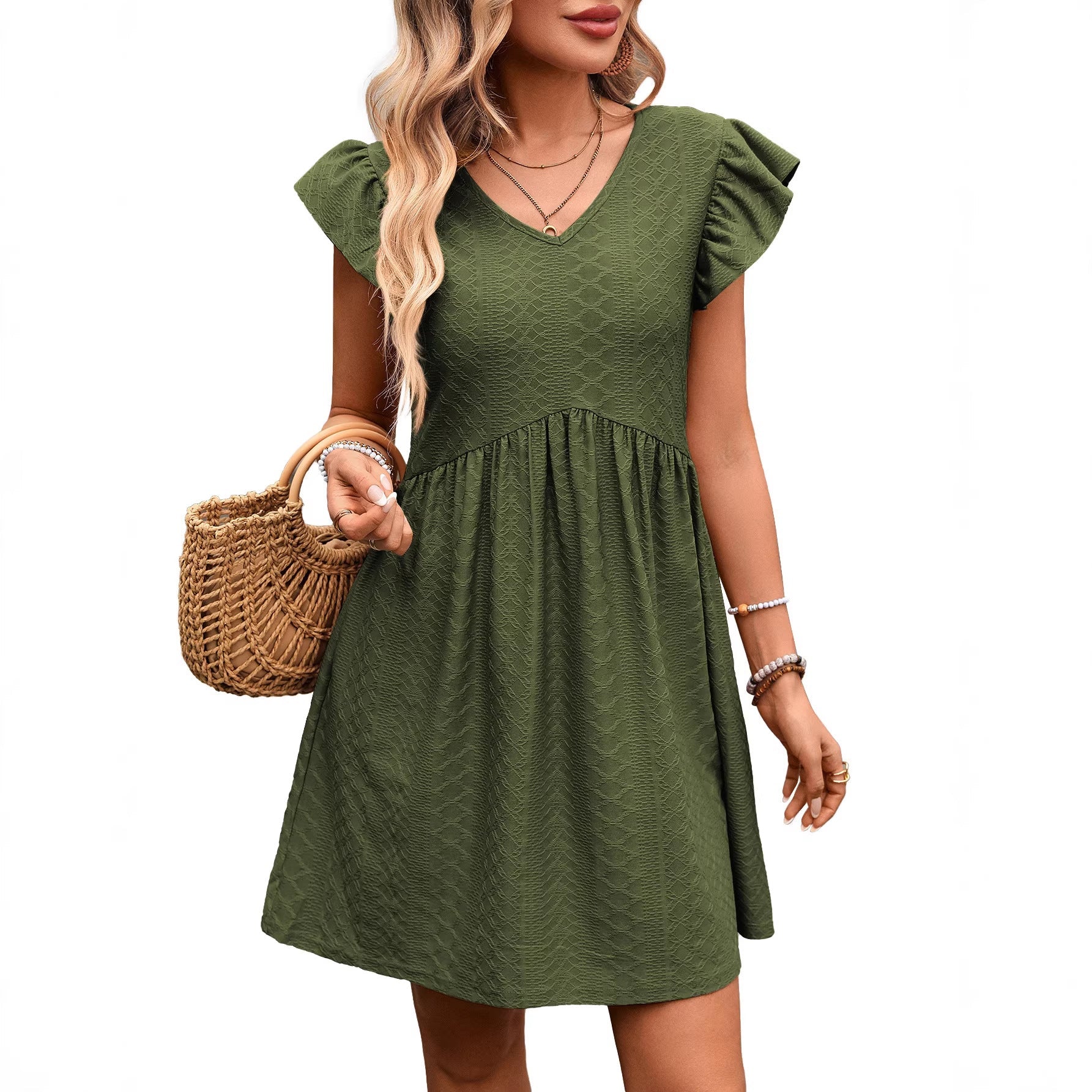 Summer Women Clothing V neck Ruffle Slimming Short Sleeve Large Swing Elegant Dress