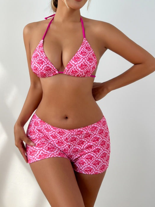 Shencai Floral Printed Sexy Sling plus Four Corner Boxer Shorts Three Piece Bikini