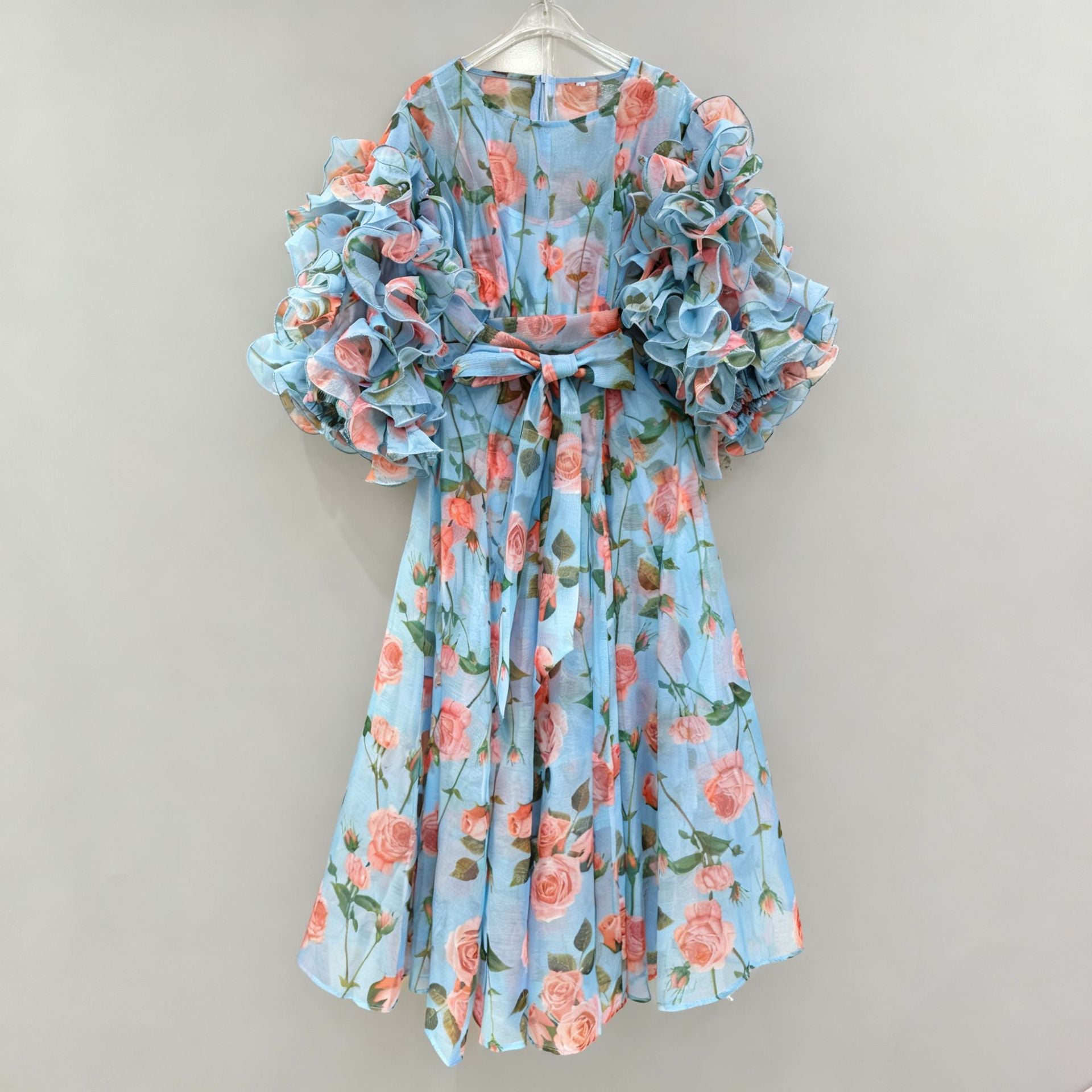 Retro Romantic Palace Rose Print Dress for Women round Neck Design Puff Sleeve Dress
