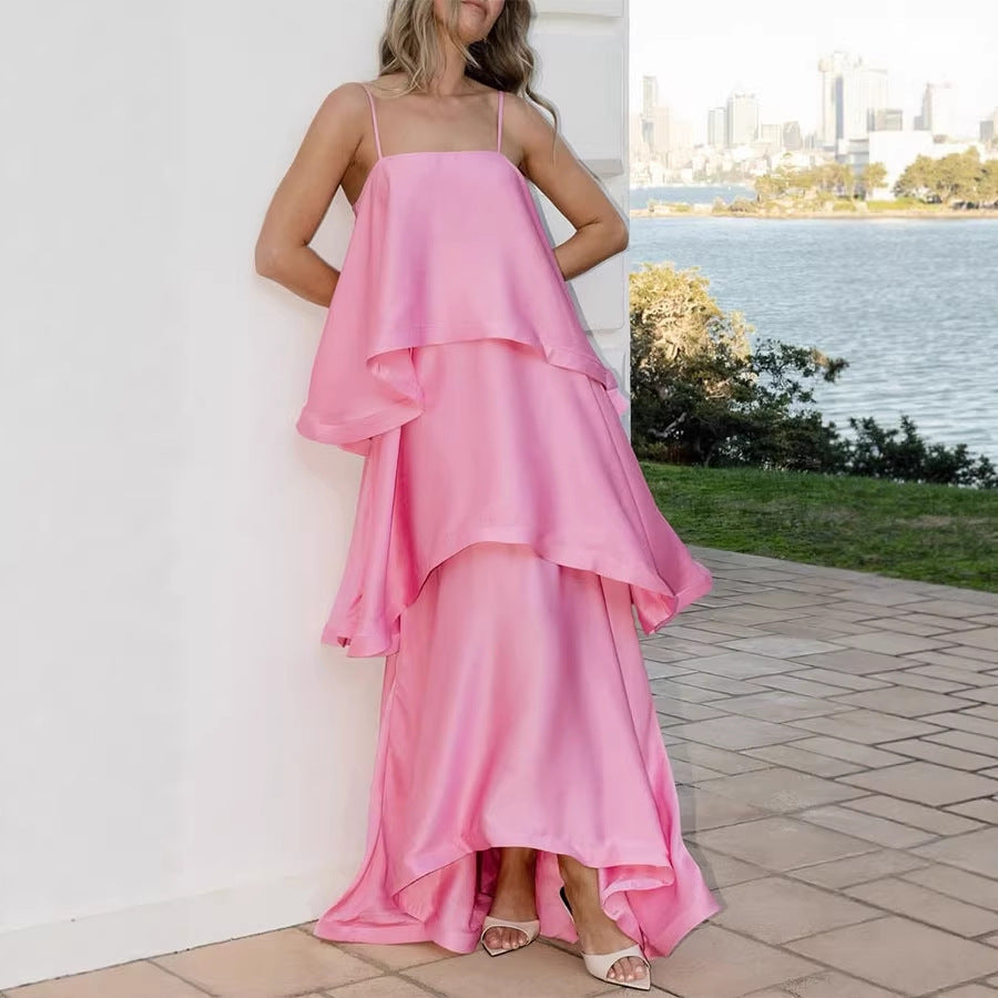 Spring Summer Satin Sling Multi Layer Dress Casual Loose Vacation Dress