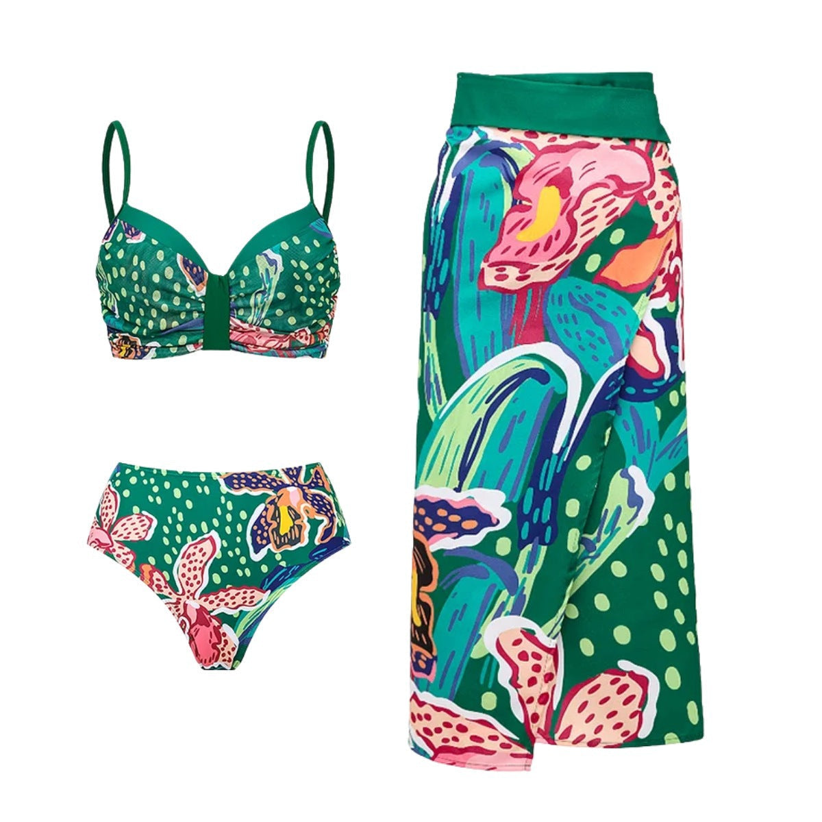 Women Bikini Abstract Printing High Waist Split Swimsuit Set