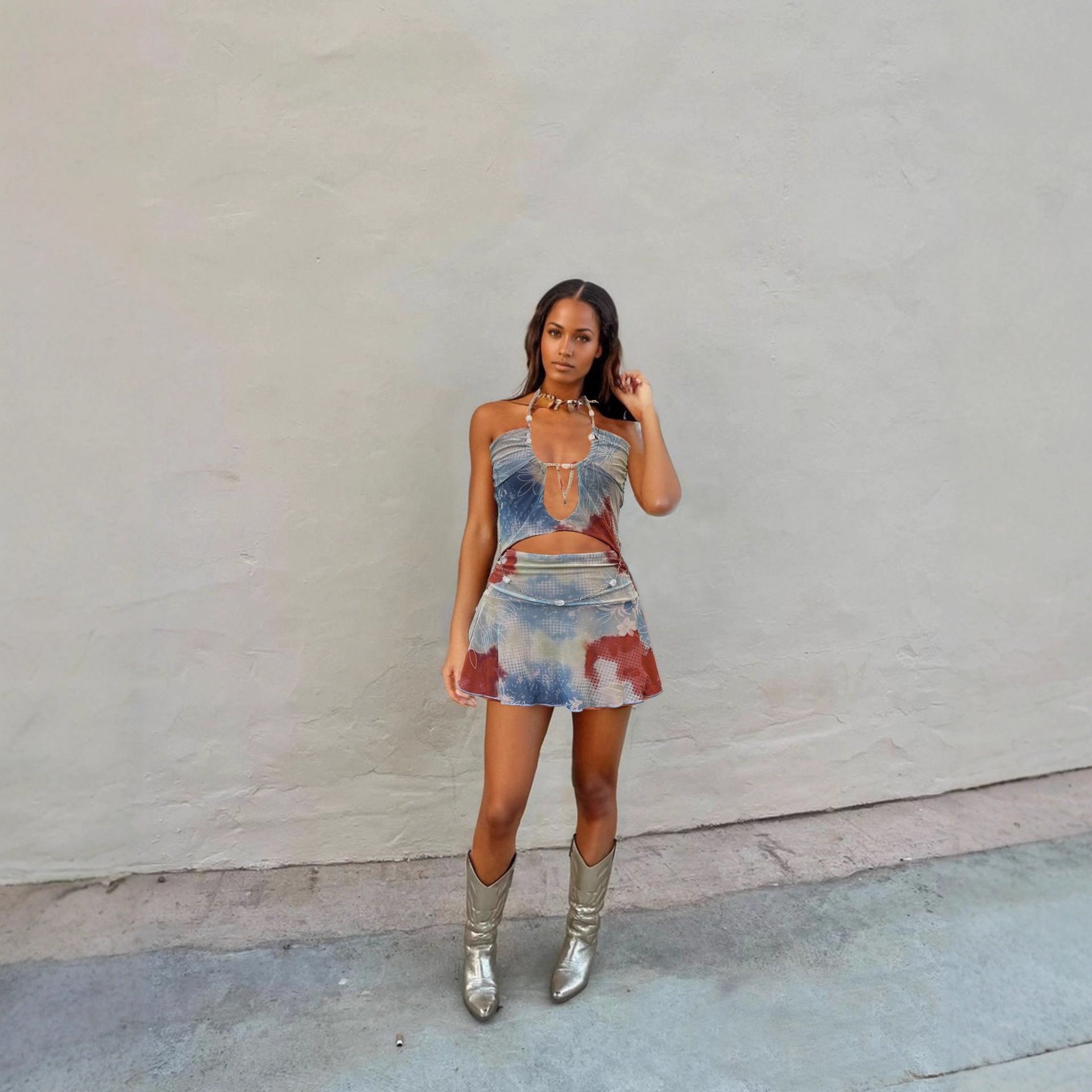Summer Sexy Contrast Color Backless Bare Cropped Chain Hollow Out Cutout out Stitching Dress