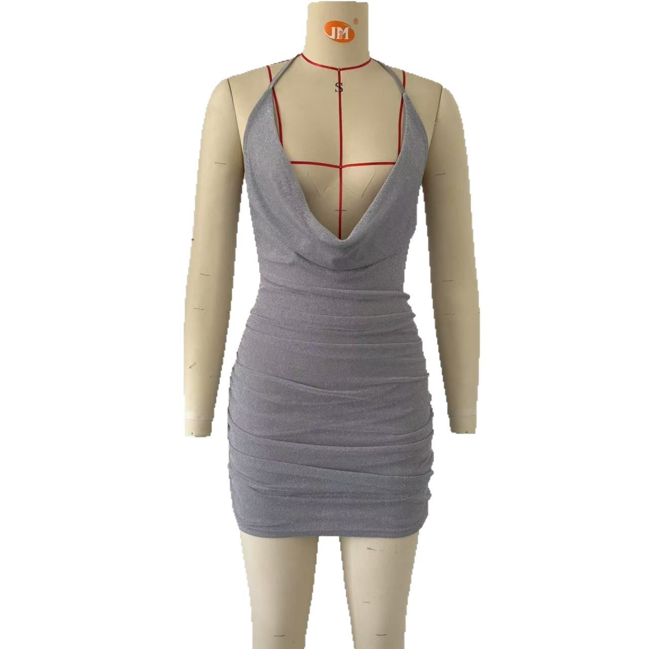 Women Sexy Low Cut Halter Hip Dress Pleated Slim Fit Backless Sexy Dress