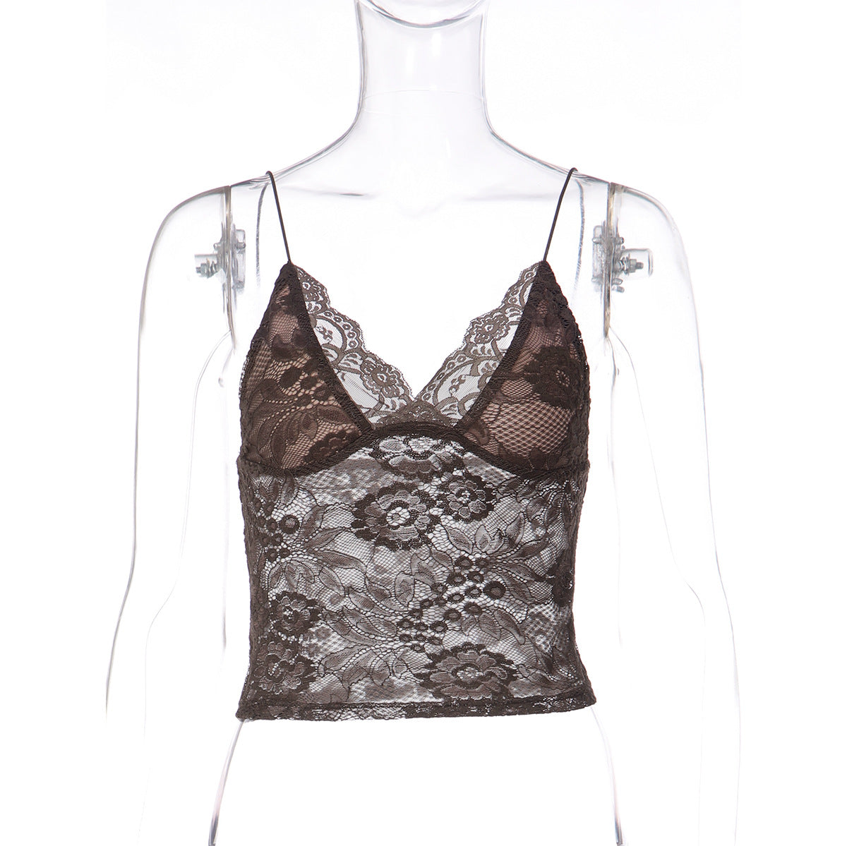 Women Clothing Sexy See through Lace Lace Spaghetti Strap Bandeau Slim Fit Deep V Plunge Vest