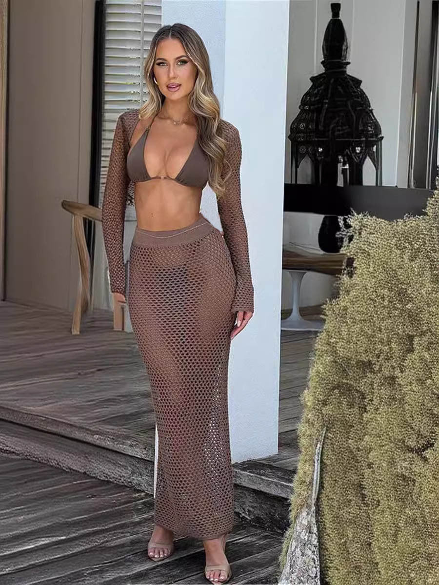Summer Beach Skirt Set Sexy Cutout Knitting Bikini Swimsuit Blouse Sun Protective Clothing Women