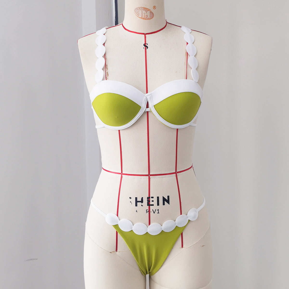 Hard Bag Sling Split Swimsuit for Women Solid Color Stitching Low Waist Bikini Pleating Sexy Backless
