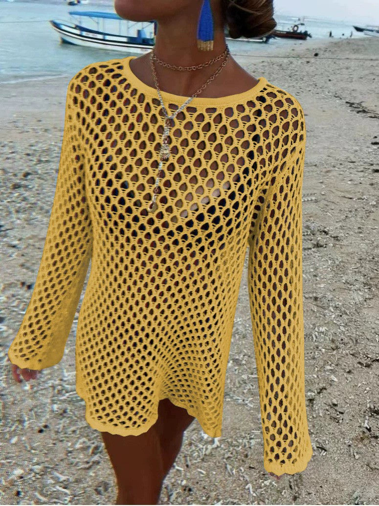 Knitted Hollow Out Cutout Sexy Sun Protection Shirt Bikini Cover-up Women Swimsuit Blouse Vacation Beach Outer Pullover