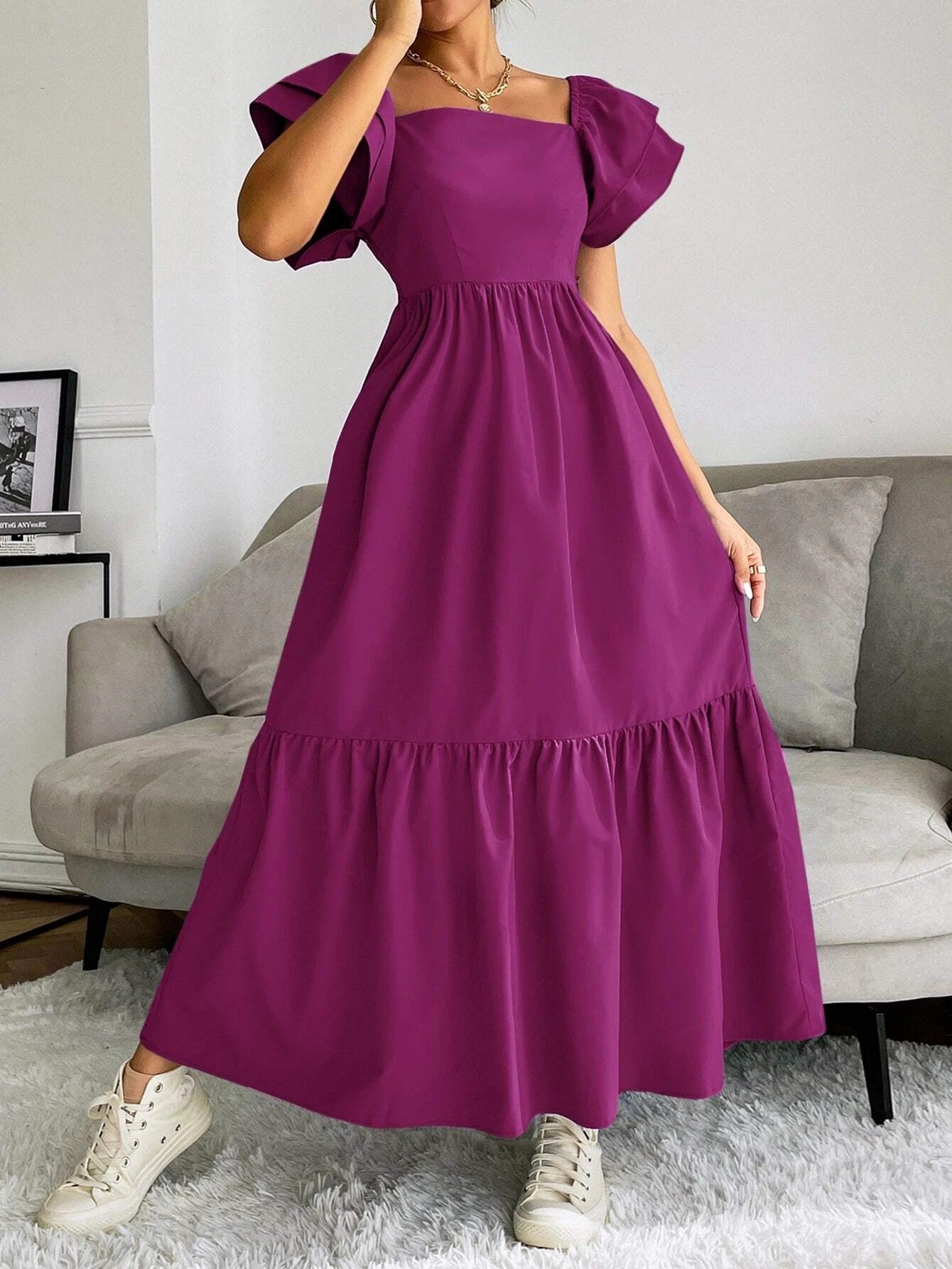 Women Clothing Ruffled A line Dress off Neck Flying Sleeves Solid Color Long Dress