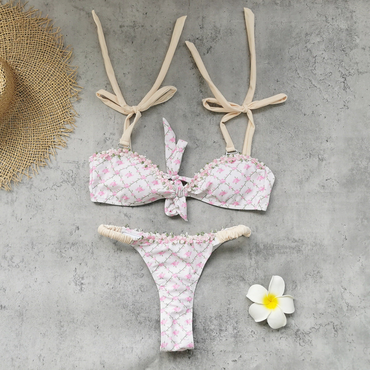 Lace up Tube Top Lace Floral Bikini Sexy Backless Low Waist Split Swimsuit Women Fresh